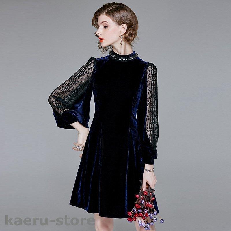 大勧め 二次会 袖コンシャス ベルベット ビジュー ワンピース パーティードレス 結婚式ドレス ベロア 謝恩会 ゲスト Aライン 紺 長袖 ドレス お呼ばれ パーティドレス サイズ S Www Adeed Com