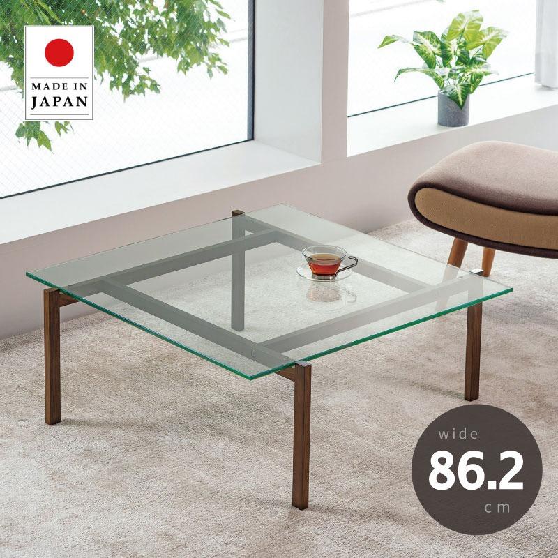 ガラスと木製の正方形センターテーブル センターテーブル 幅86.2cm 天然木 ティーテーブル センター テーブル