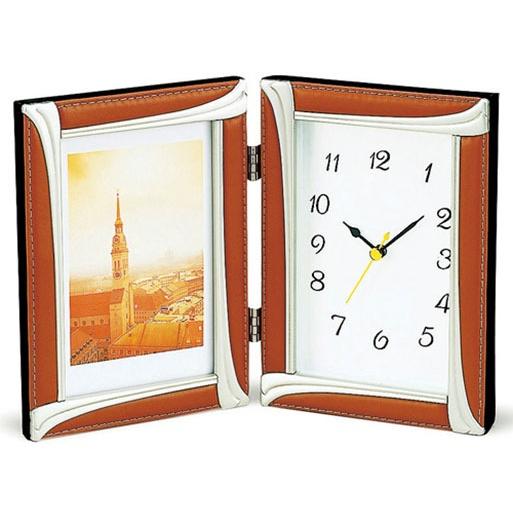 ラム本革 時計付き フォトフレーム 写真立て フォトスタンド 置時計