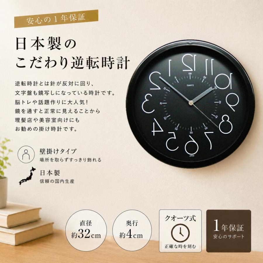 壁掛け時計 逆転時計 32cm 逆回転 反対 脳トレ 理髪店 美容室 美容院