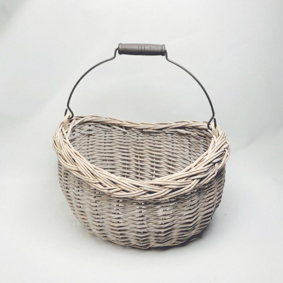 グレー色 白 アンティーク調 柳かごバッグ だ円 ワンハンドル  