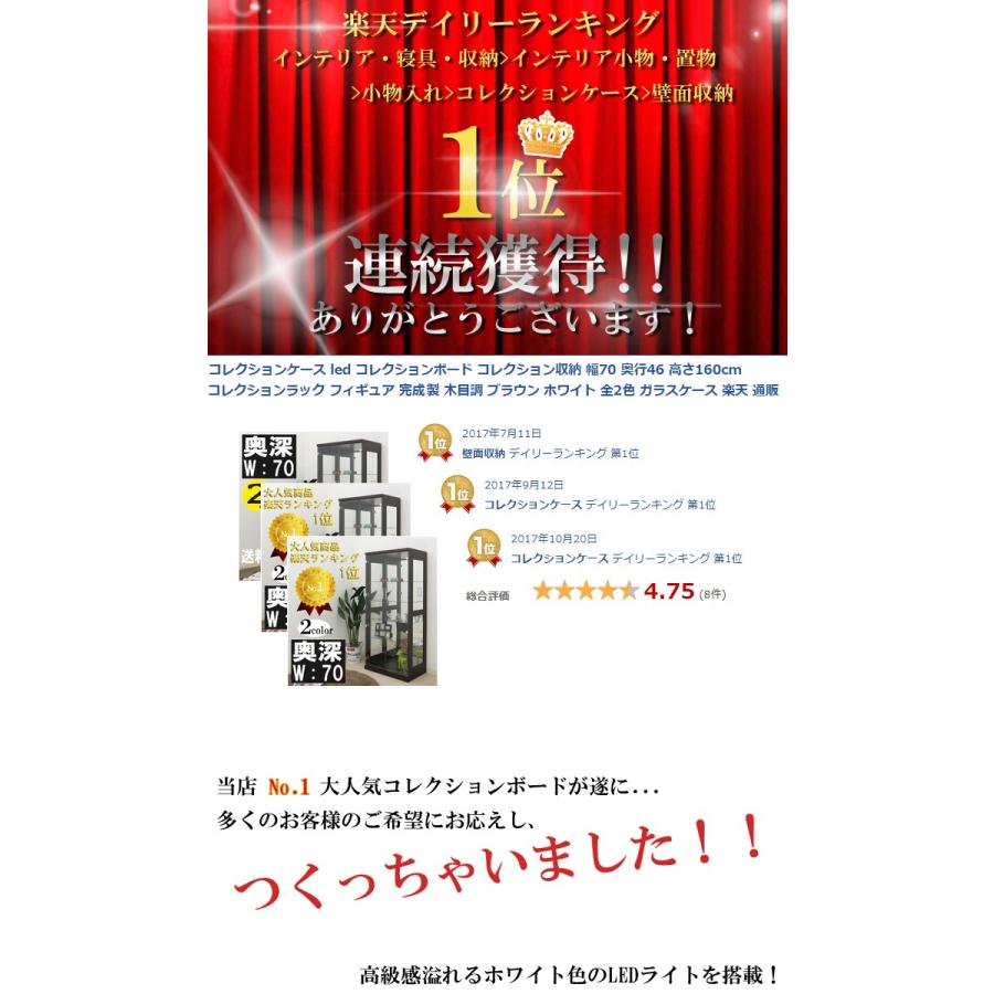 コレクションボード led付き コレクションケース 段差式 コレクション収納 幅70 高さ160cm 背面ミラー 完成品 木製 ホワイト アウトレット価格並 開梱設置無料の画像