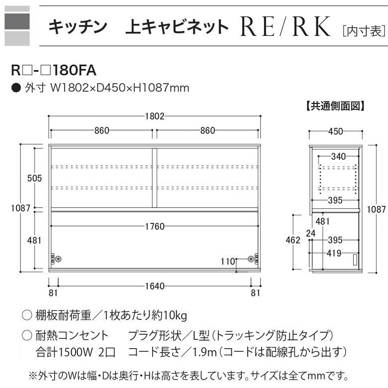 綾野製作所 アリシア 幅180cm 上キャビネット 家電収納 食器棚