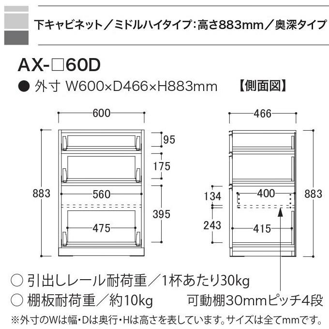 綾野製作所 幅60cm 3段引出し ベイシス 下キャビネット 食器棚 奥行