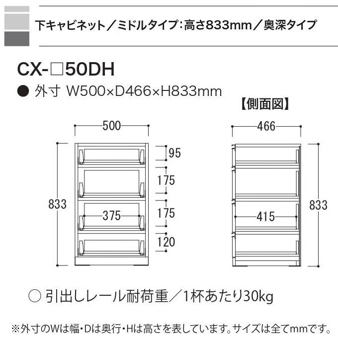 綾野製作所 幅50cm 4段引出し クラスト 下キャビネット 奥行50cm ミドルカウンター キッチン 食器収納 CX-50DH｜kagu-hiraka｜03