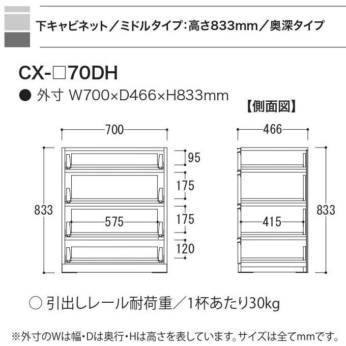 綾野製作所 幅70cm 4段引出し クラスト 下キャビネット 奥行50cm ミドルカウンター キッチン 食器収納 CX-70DH｜kagu-hiraka｜03