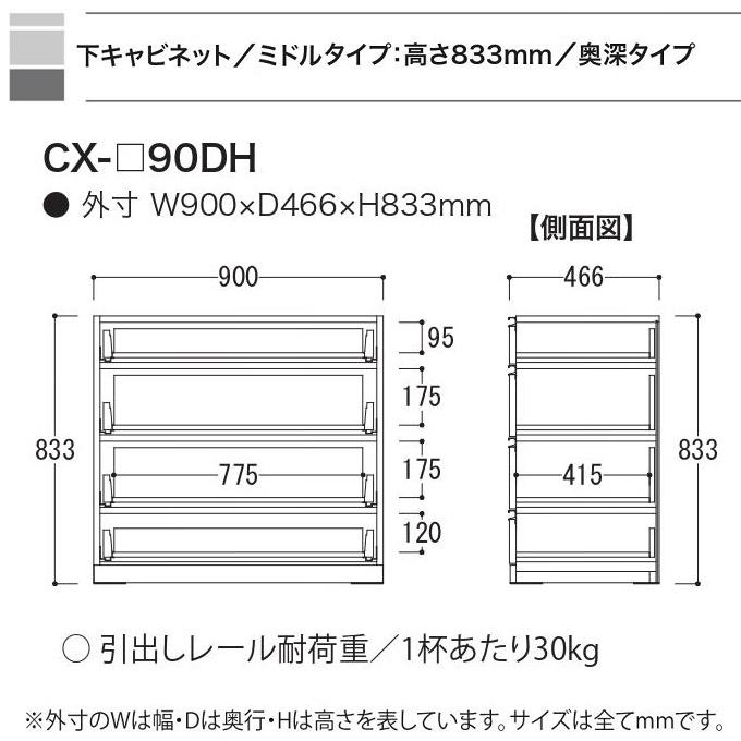 綾野製作所 幅90cm 4段引出 クラスト 下キャビネット 食器棚 奥行50cm