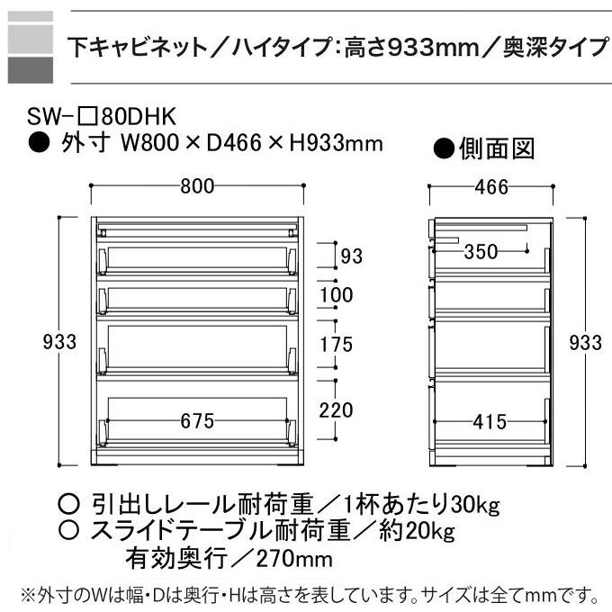 綾野製作所 幅80cm スタイン スライドテーブル 4段引出し 下キャビ