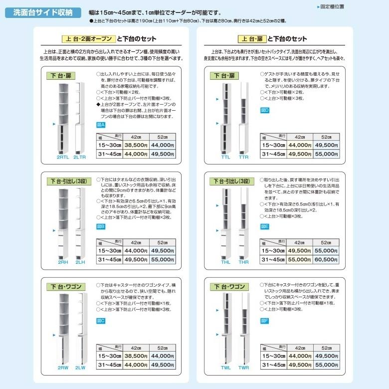 すきまくん サニタリー 洗面台サイド収納 Sシリーズ 幅15-30cm 奥行42cm 高さ190cm 下台扉 上オープン 2RTL 2LTR｜kagu-hiraka｜07