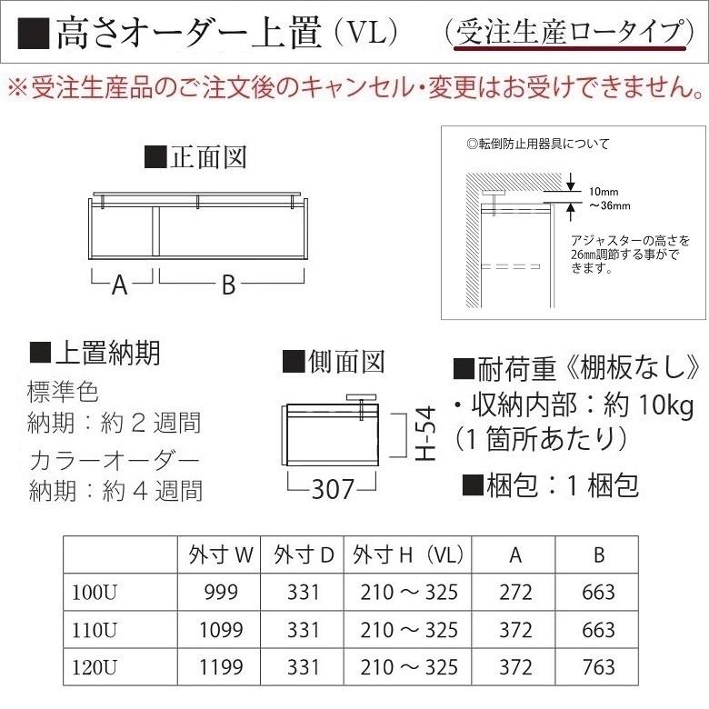 オーダー上置 パモウナ 幅100cm ロータイプ 耐震ロック付 高さ210-325mm 開き戸 転倒防止用器具付 AS-VL100U_2