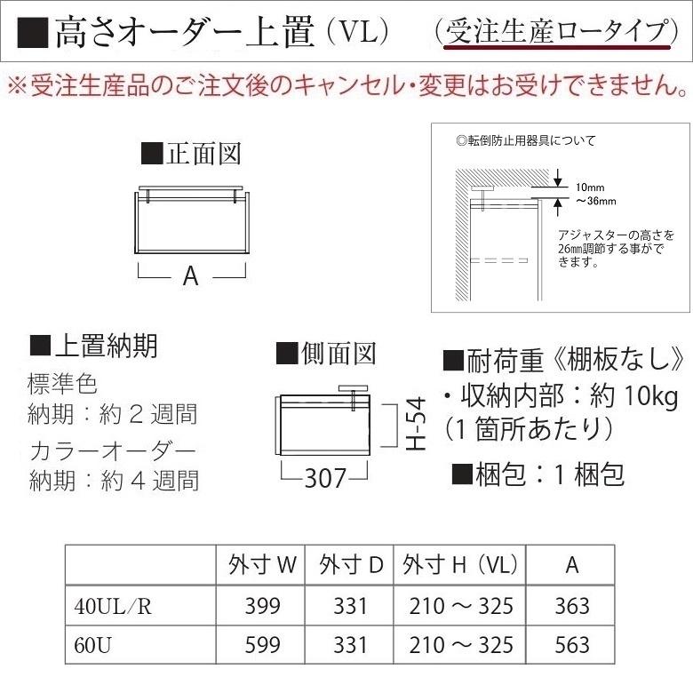 オーダー上置 パモウナ 幅40cm ロータイプ 耐震ロック付 高さ210-325mm 開き戸 転倒防止用器具 AS-VL40UR Lの画像