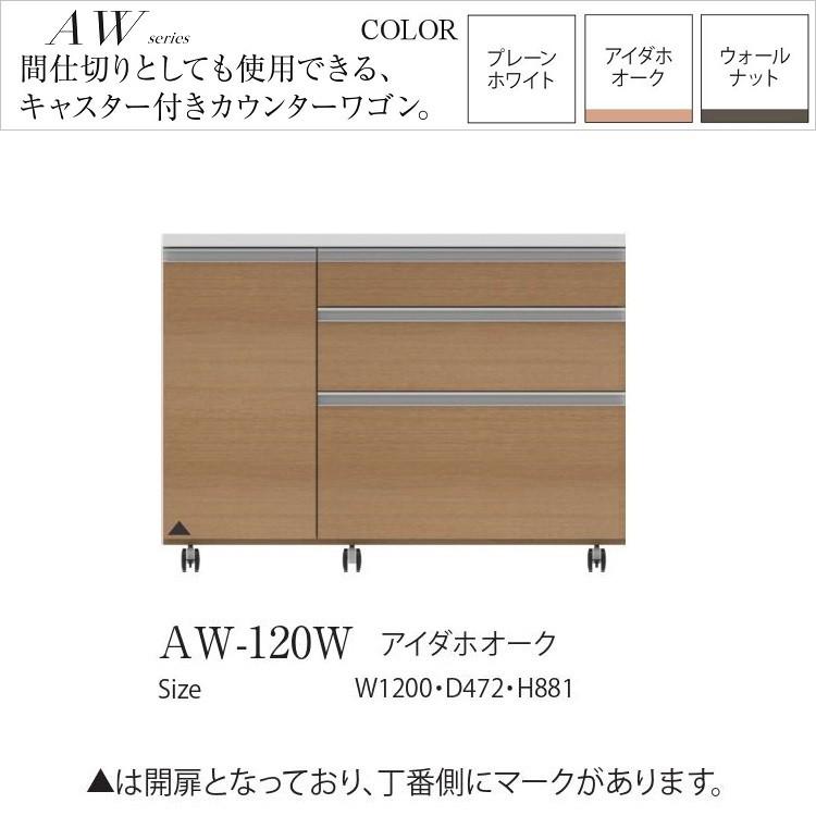 パモウナ カウンターワゴン 幅120cm キッチン収納 開き扉 3段引出し