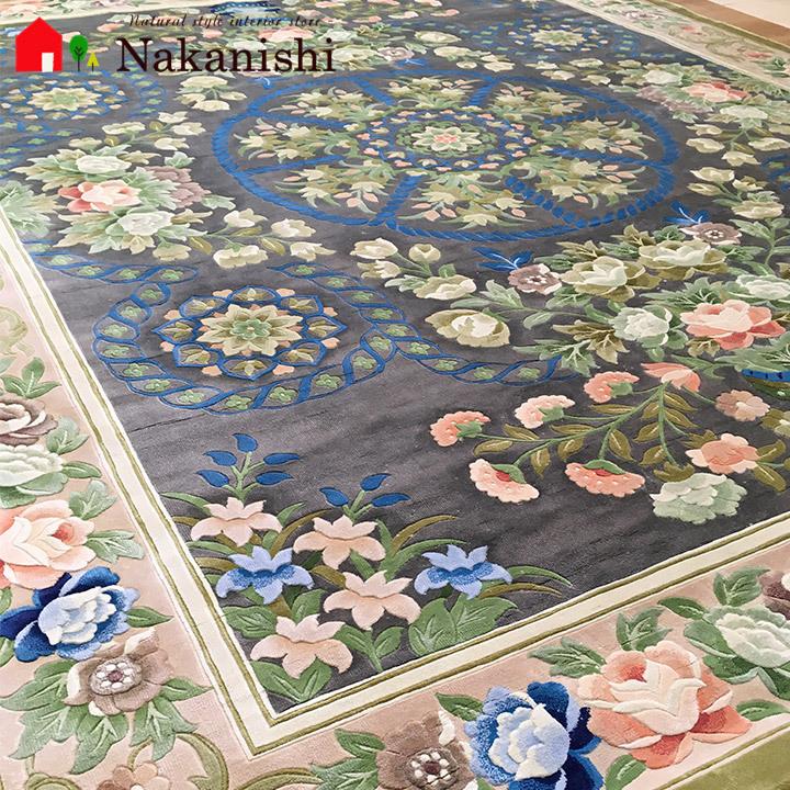 アクセント　ラグ　絨毯　カーペット　シルク　中国段通　約6畳　約244×302cm　120段　グレー系　ブルー系　dt-235
