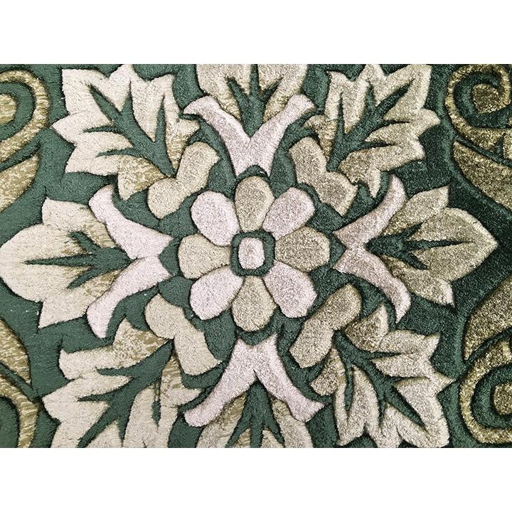 段通　ベージュ　モスグリーン花柄刺繍ラグ 約11pcm x 60cm アクセント ラグ 絨毯 カーペット シルク 中国段通 約6畳 約245×305.5