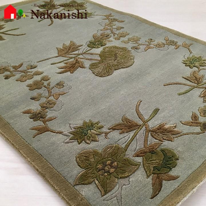玄関マット 毛 シルク 中国段通 約61×92cm 150段 グリーン系 dt-a193