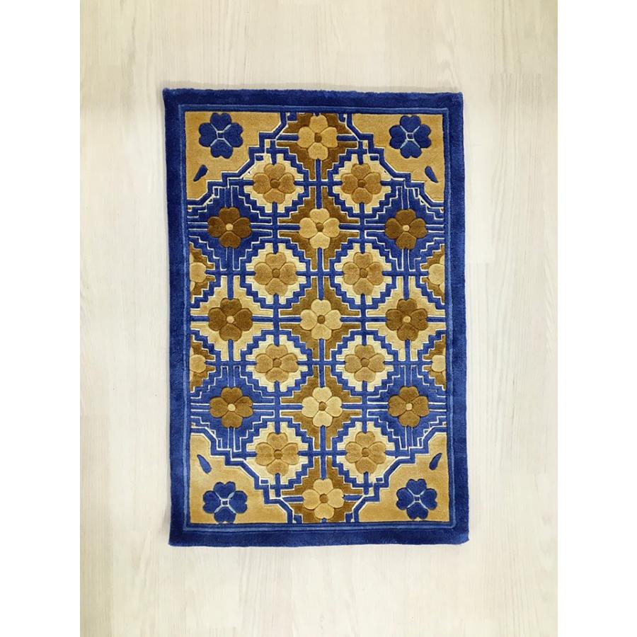 玄関マット　シルク　中国段通　約50.5×76.5cm　120段　ブルー系 　dt-a218の画像