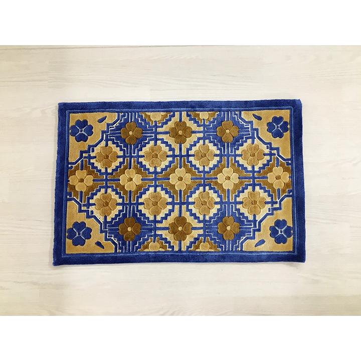 玄関マット　シルク　中国段通　約50.5×76.5cm　120段　ブルー系 　dt-a218の画像