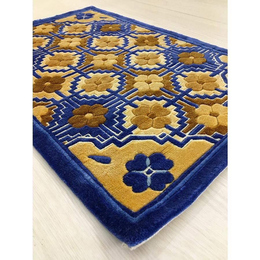 玄関マット　シルク　中国段通　約50.5×76.5cm　120段　ブルー系 　dt-a218の画像
