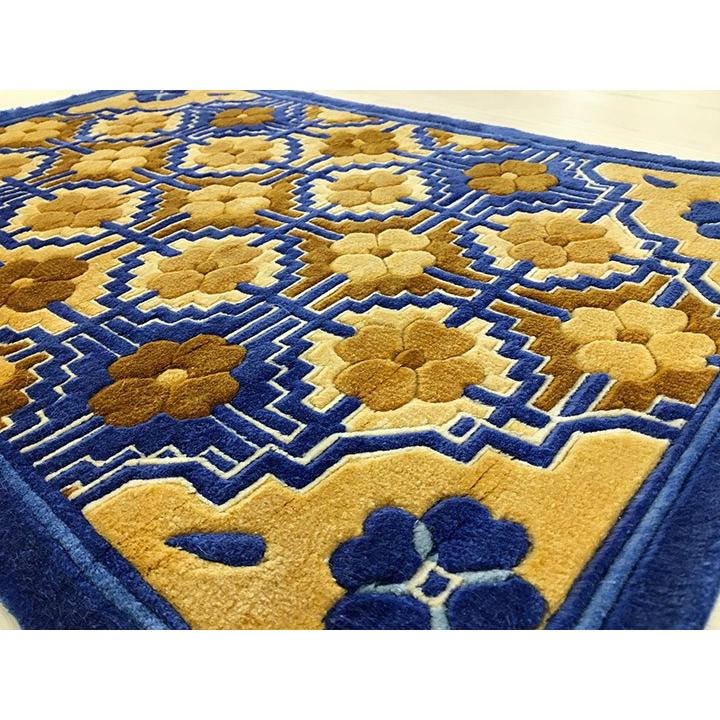玄関マット　シルク　中国段通　約50.5×76.5cm　120段　ブルー系 　dt-a218の画像
