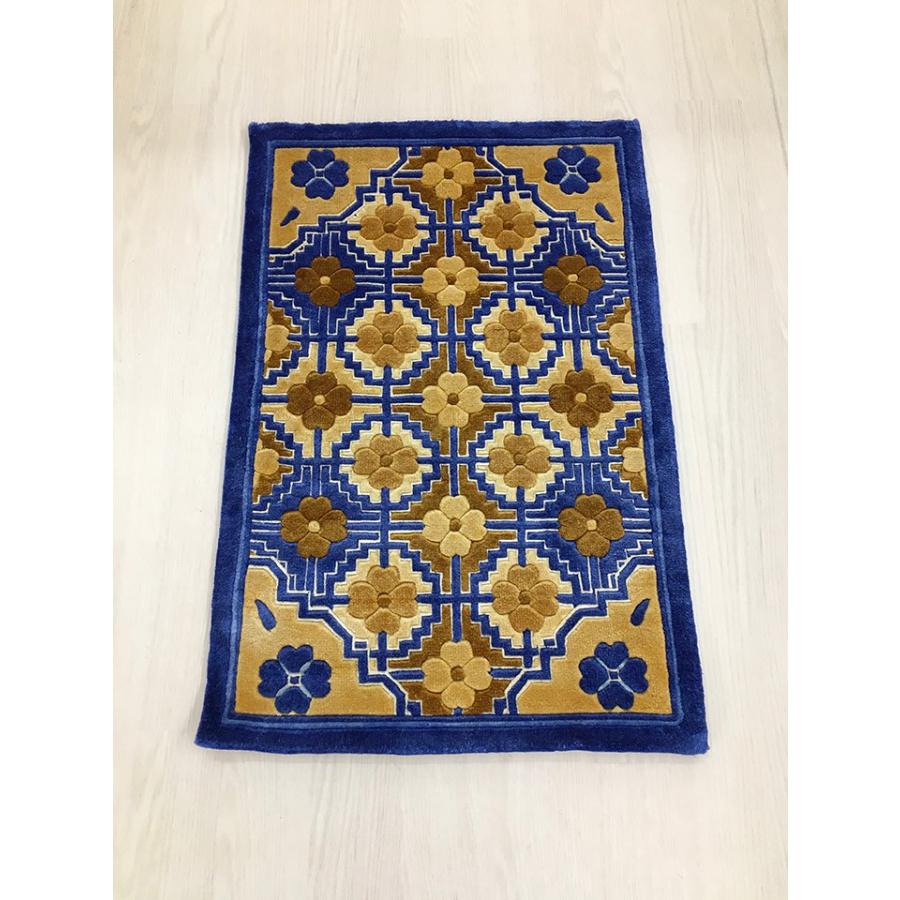 玄関マット　シルク　中国段通　約50.5×76.5cm　120段　ブルー系 　dt-a218の画像