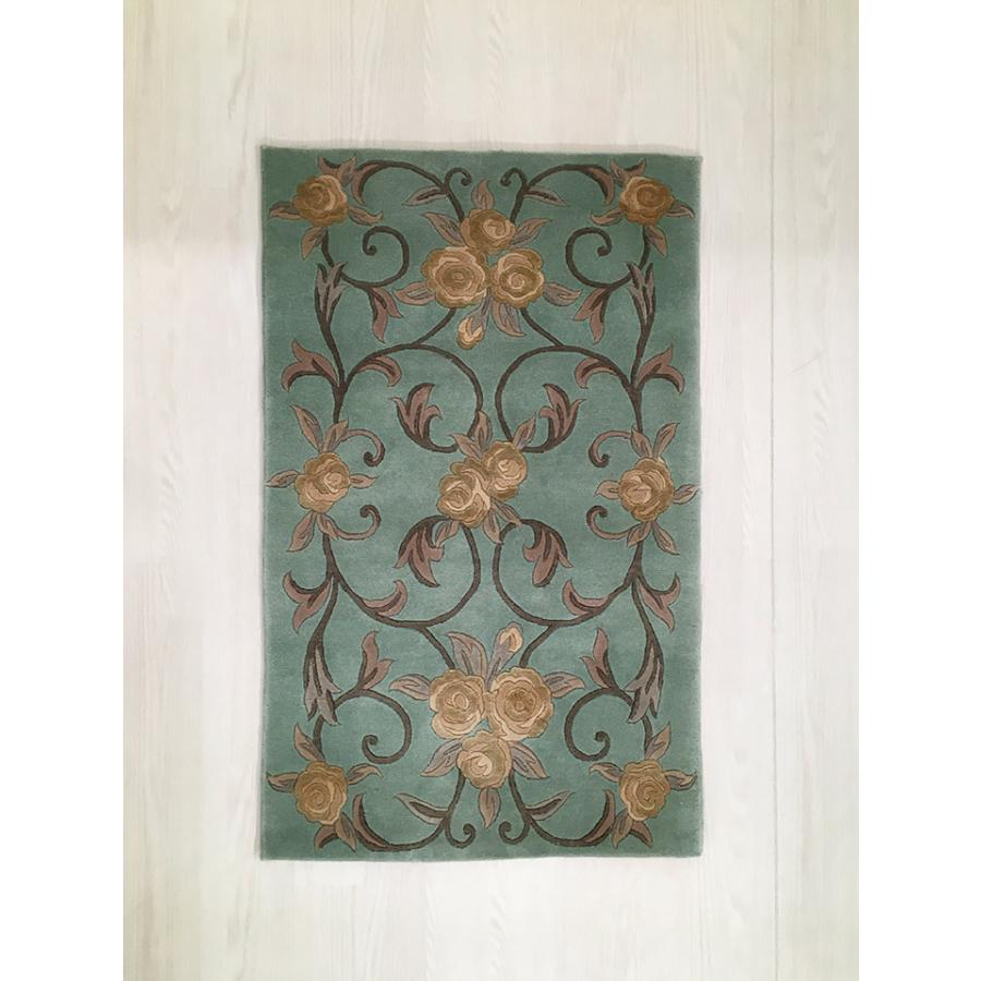 玄関マット　ウール　シルク　中国段通　約64×92cm　150段　グリーン系　薔薇 　dt-a272_2