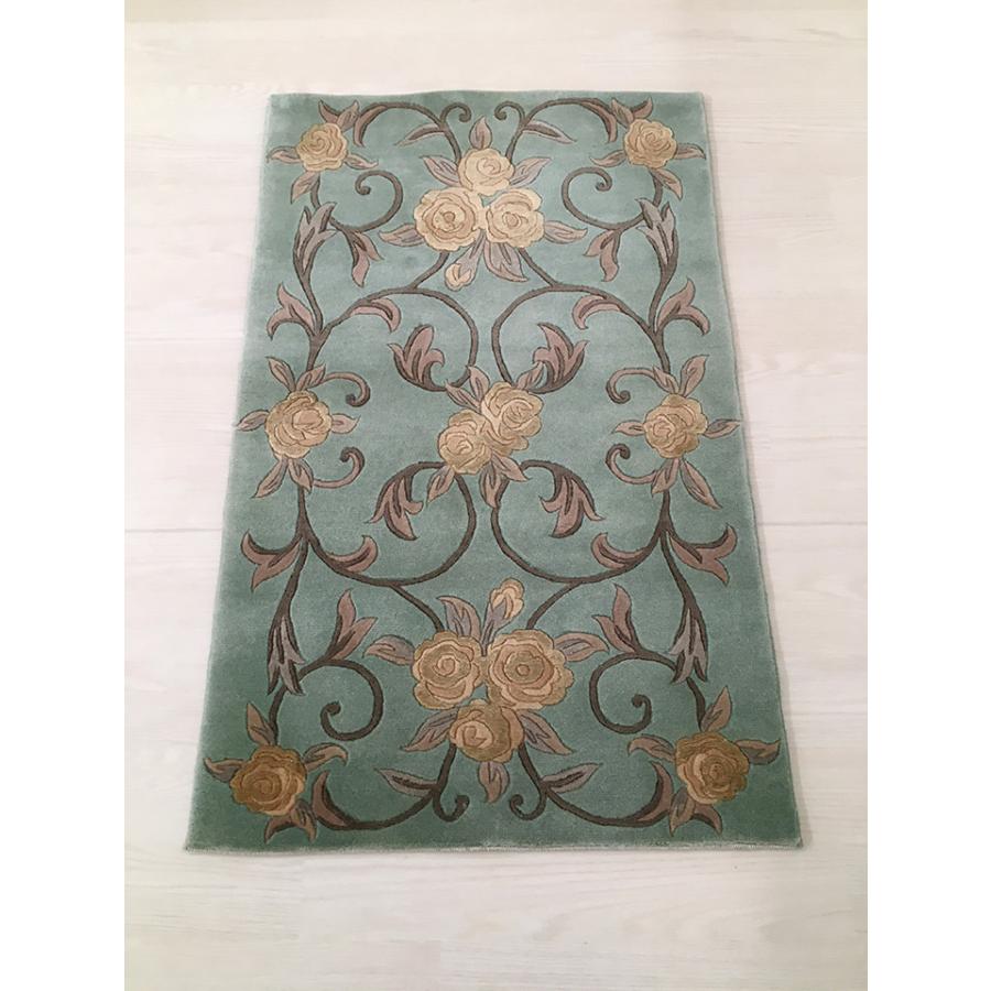 玄関マット　ウール　シルク　中国段通　約64×92cm　150段　グリーン系　薔薇 　dt-a272_9