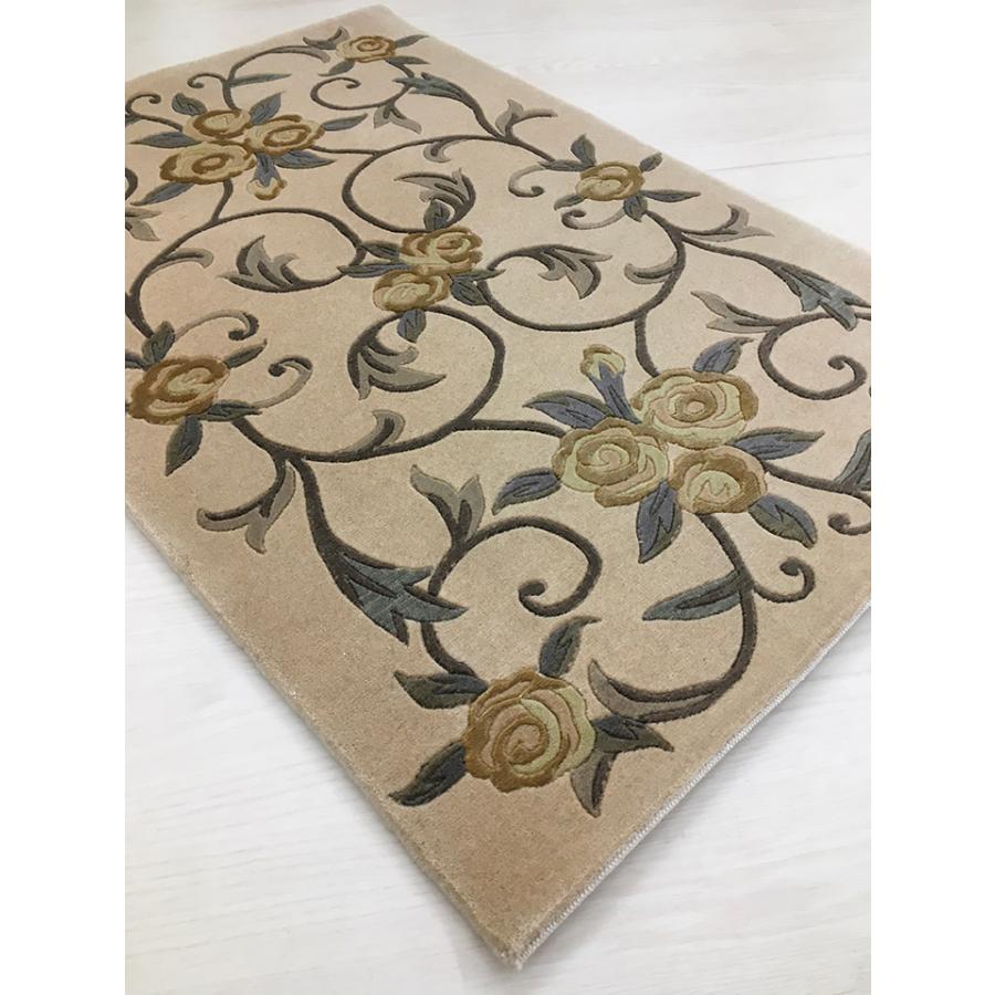 玄関マット ウール シルク 中国段通 約62×94cm 150段 ベージュ系 薔薇 