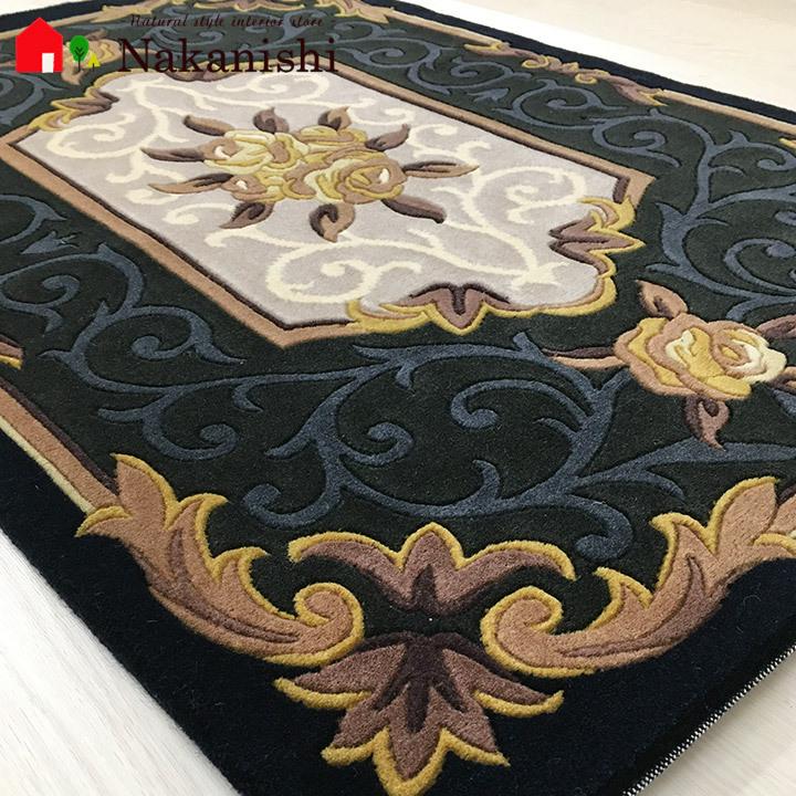 玄関マット ウール 中国段通 約61×92cm 150段 ブラック系 dt