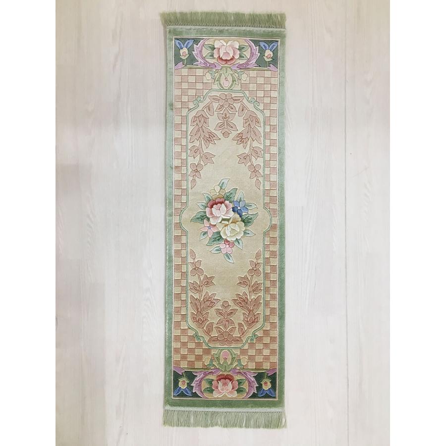 玄関マット　キッチンマット　ランナー　ロングマット　かまち　シルク　中国段通　約39.5×126.5cm　120段 　グリーン系　dt-a367の画像