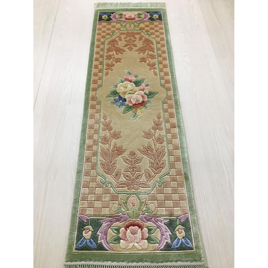 玄関マット　キッチンマット　ランナー　ロングマット　かまち　シルク　中国段通　約39.5×126.5cm　120段 　グリーン系　dt-a367の画像