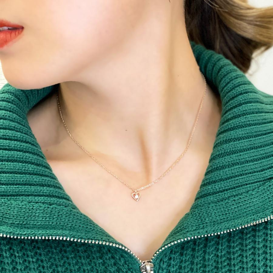 ペンダントネックレス レディース 1粒キュービックジルコニア オープンハート ショート 重ねづけにも サージカルステンレス316L シルバー ピンクゴールドの画像