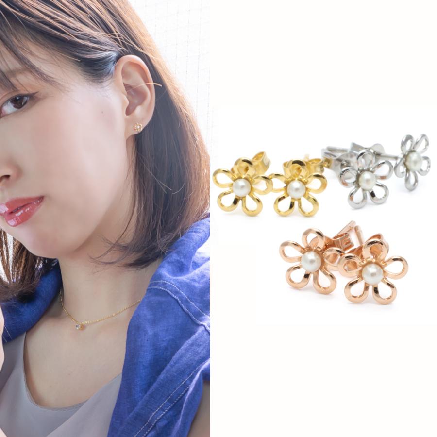 ピアス 24K 18Kピンクゴールド プラチナ スタッド フラワー 花 金属 