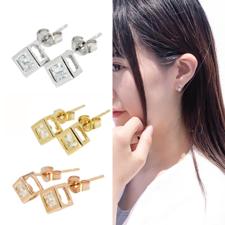 ピアス 24K 18Kピンクゴールド プラチナ スタッド キュービック 