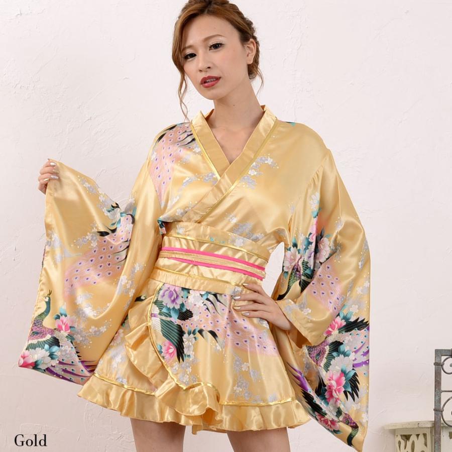 ゴールドパイピングフリルサテンミニ着物ドレス よさこい 花魁 キャバ