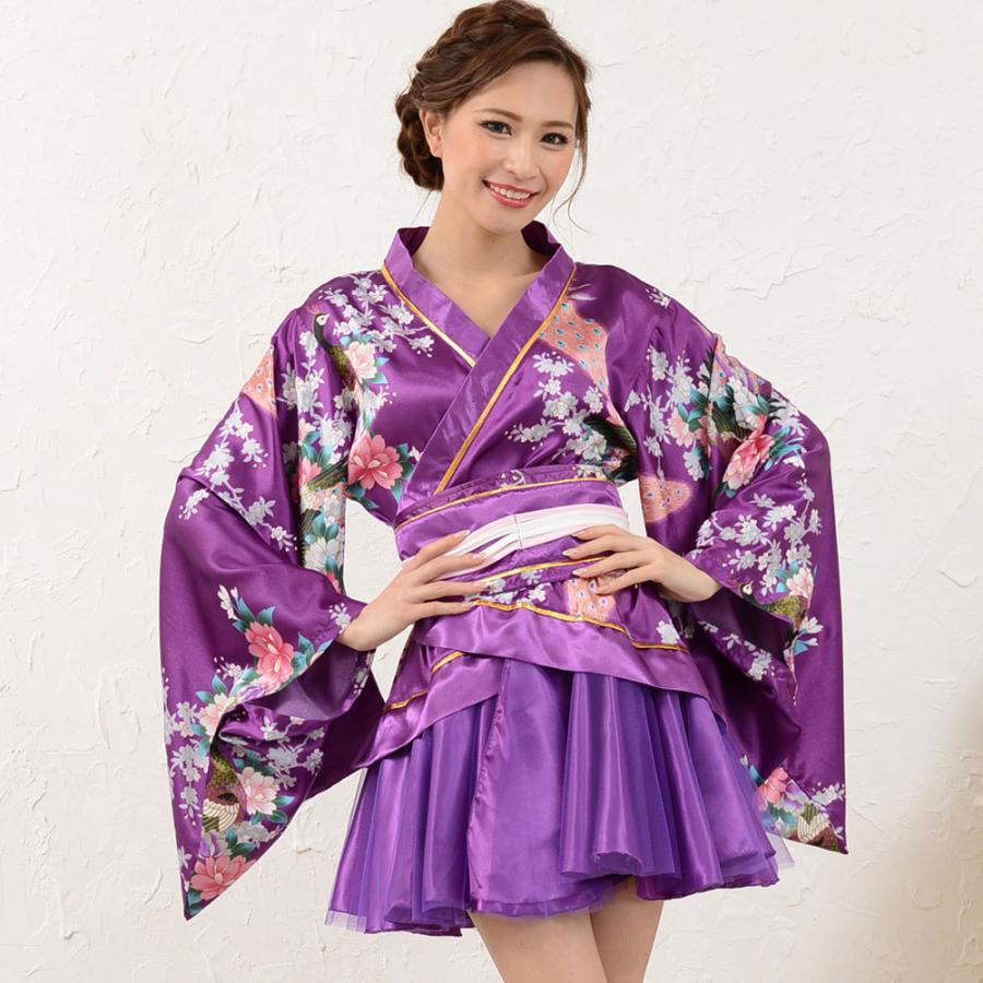 サテン和柄豪華花魁ミニ着物ドレス キャバドレス レディース フリル