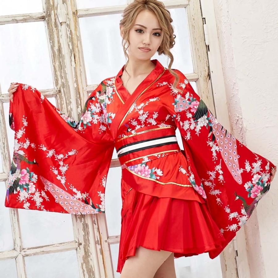 サテン和柄豪華花魁ミニ着物ドレス キャバドレス レディース フリル
