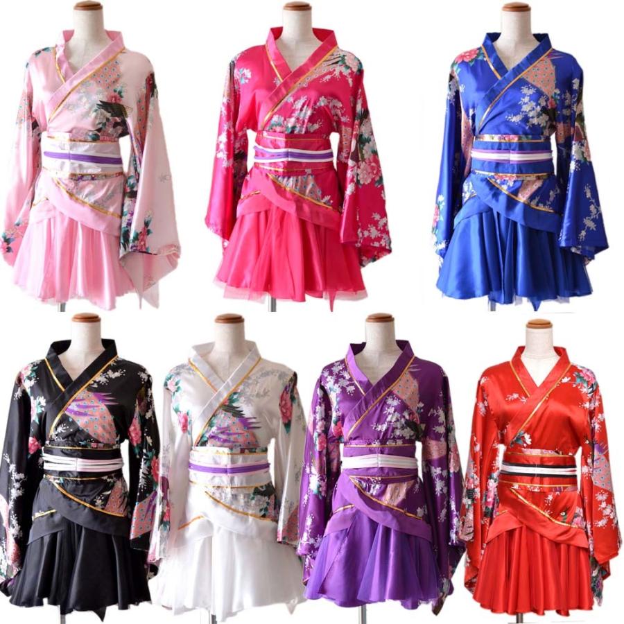 サテン和柄豪華花魁ミニ着物ドレス キャバドレス レディース フリル