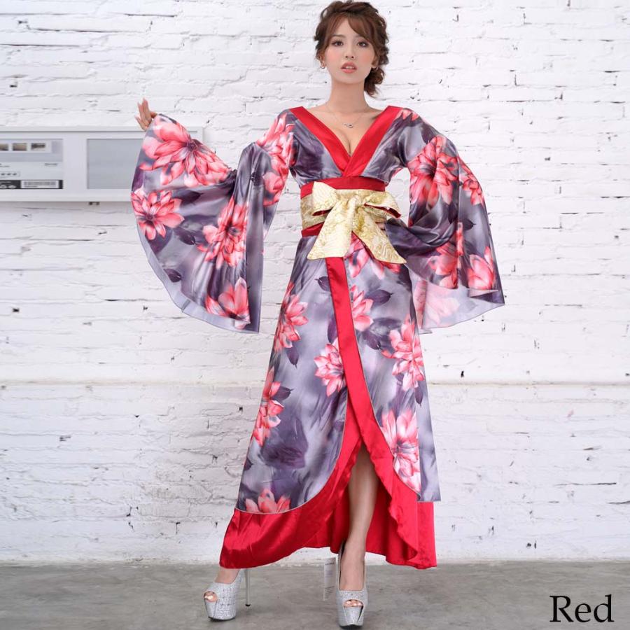 サテン花柄ロング着物ドレス キャバドレス 女性用 衣装 ダンス