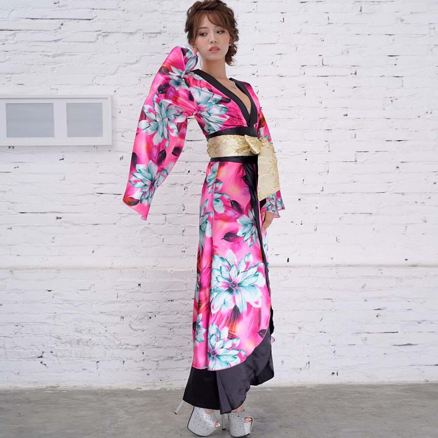 サテン花柄ロング着物ドレス キャバドレス 女性用 衣装 ダンス