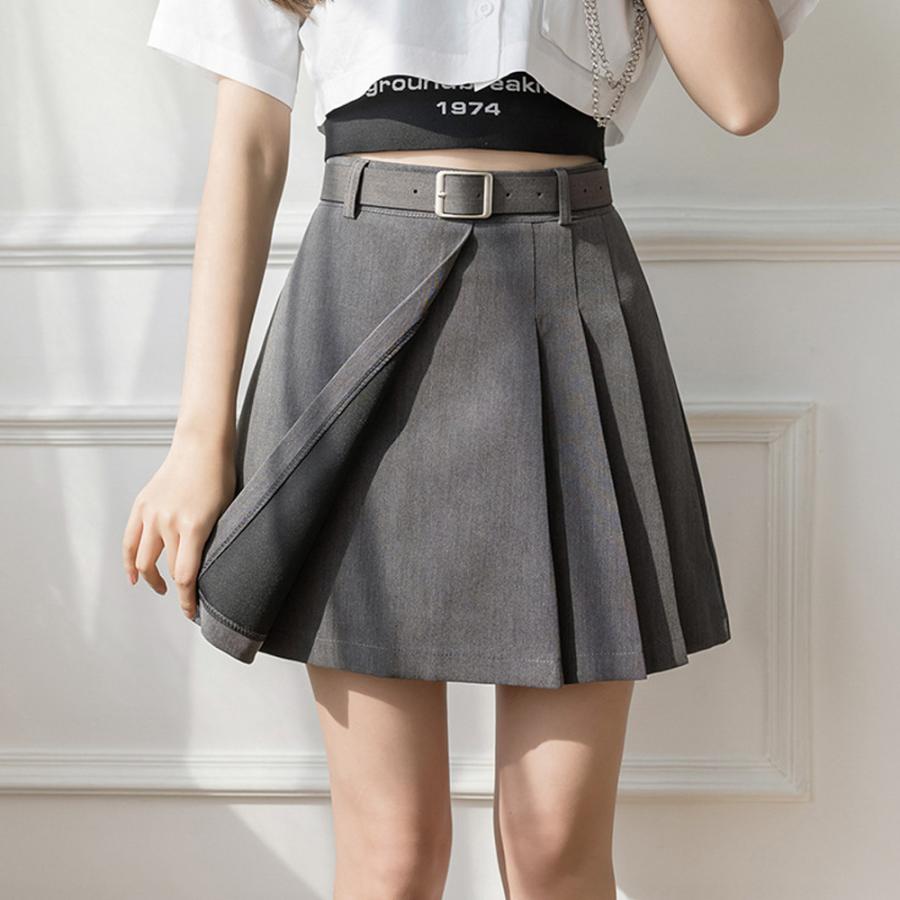 スカート レディース 春夏 プリーツ ミニ丈 ベルト付き 台形 Aライン