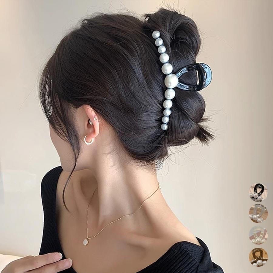 大人気】パール付き 黒 バンスクリップ 大きめ ヘアアクセ L 大粒