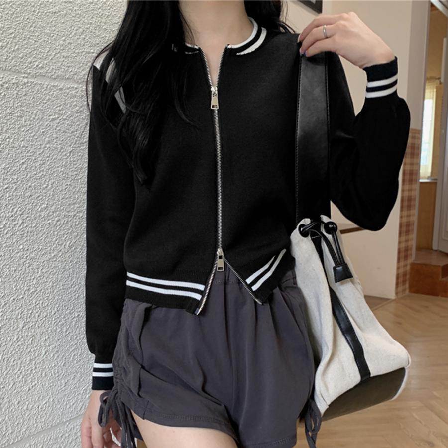 ニットジャケット レディース 春秋冬 長袖 短め丈 丸首 上下開閉ジップ