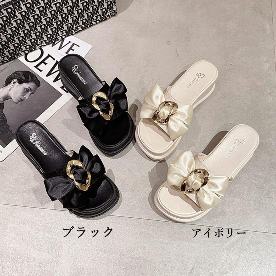 サンダル レディース 春夏 大きめ結びリボン 金の金具 5cm厚底ヒール 