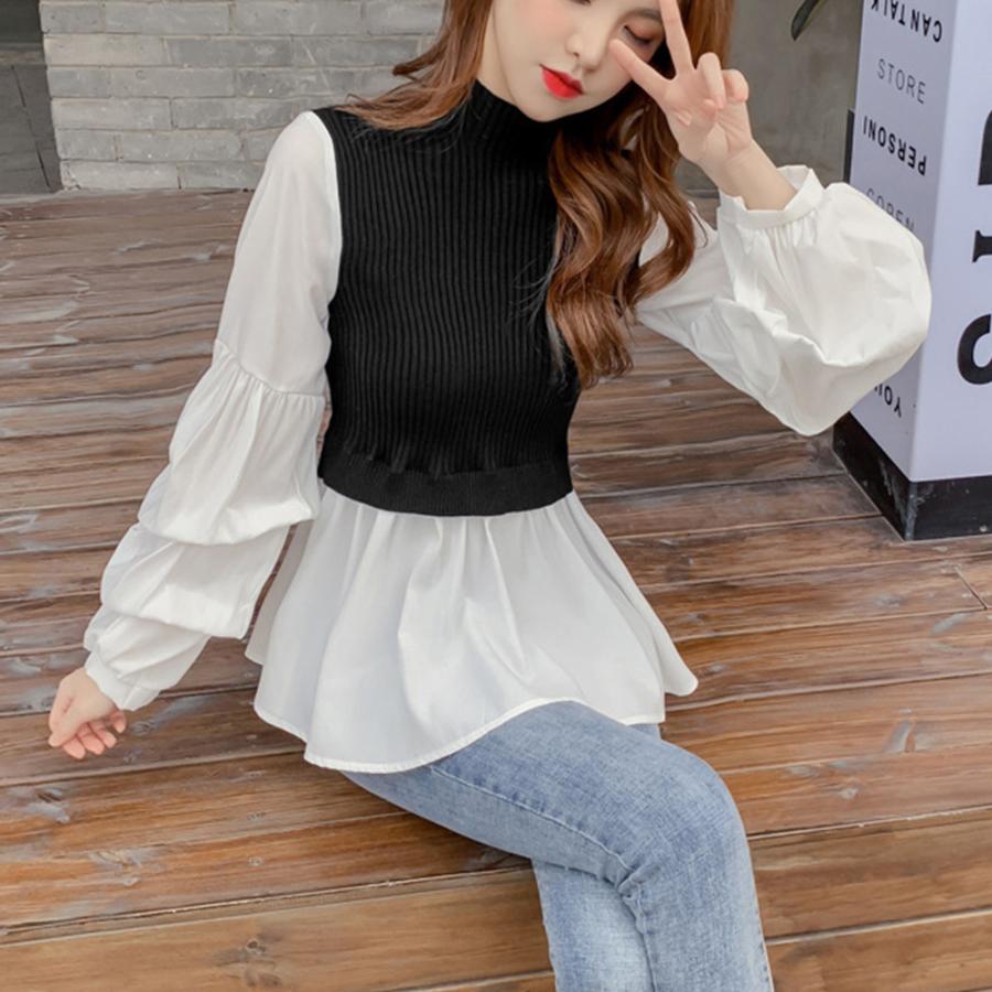 レイヤードトップス レディース 秋冬 裾フリル ニットブラウス