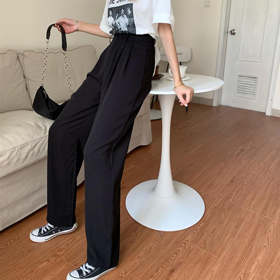 黒いストレートパンツ ポリエステル製 ストレートパンツ パンツ レディース ボトムス ロング 送料無料