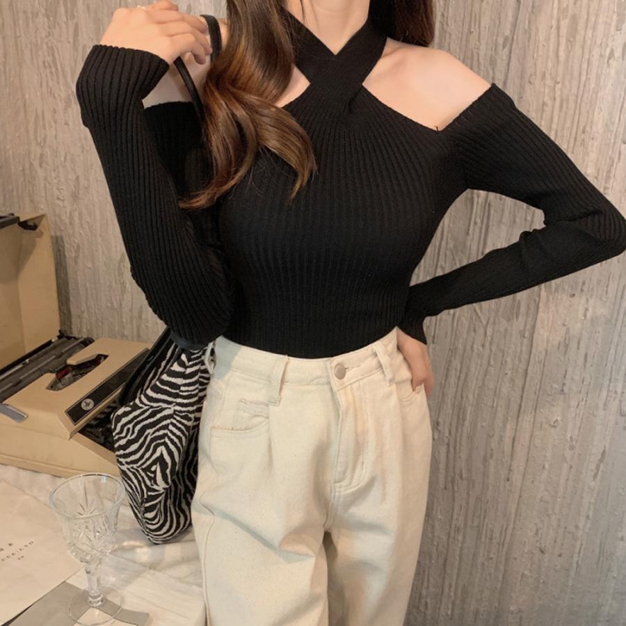 アニュアンス ツイストホルターネックニット トップス 黒 ホルターネック 美品】anuans ツイストホルターネックニットトップス BLACK ア