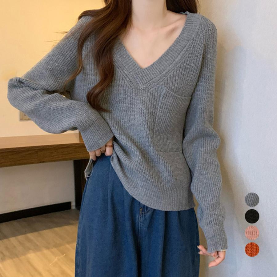 ニットトップス レディース 春秋冬 長袖 長め丈 Vネック 大きめ胸