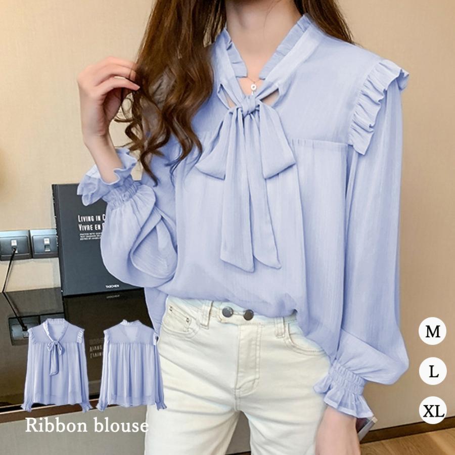 ブラウス レディース 春夏秋 長袖 Vネック ビッグリボンタイ 胸元  