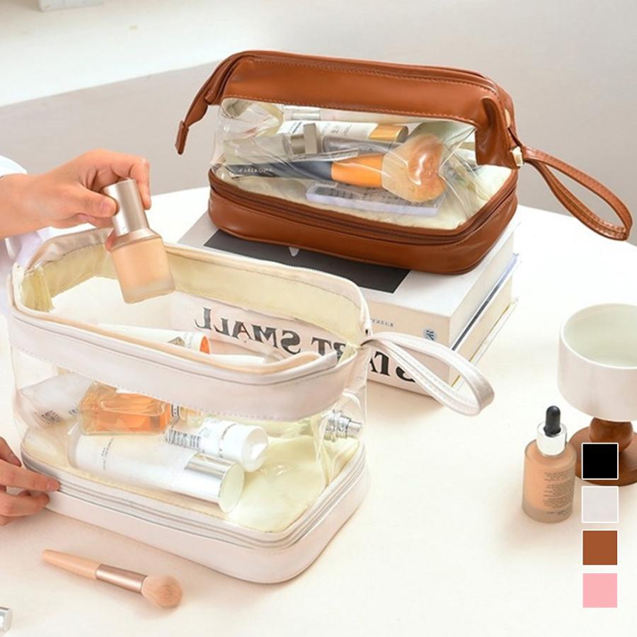 コスメポーチ レディース 春夏秋冬 二段 ファスナー 大容量 ブラシ入れ