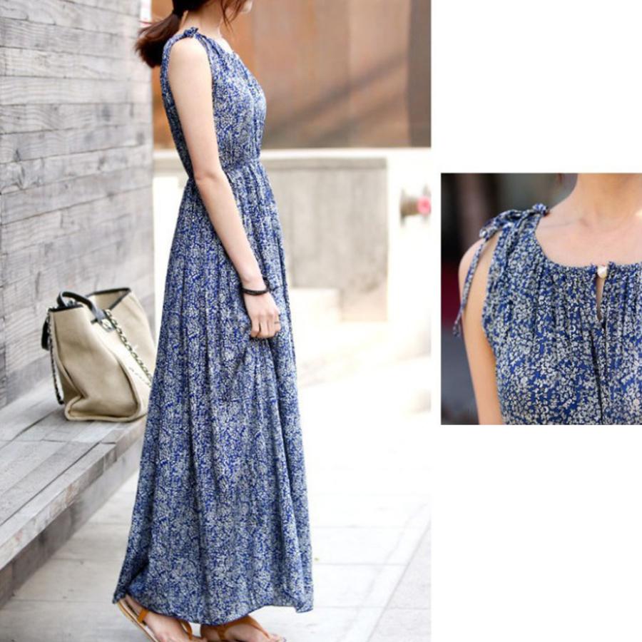 ワンピース レディース 春夏 ノースリーブ マキシ丈 薄手 ポリエステル